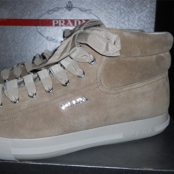 PRADA Beige Suede Ribbon High Top Metallic Cap Toe Lace Up Sneakers Shoes - Picture 10 of 14